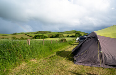 A campsite in the English countryside. Photo taken in Dorset, England