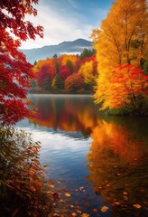 Obraz premium vibrant foliage enhancing serene landscape view rich colors natural beauty, nature, trees, leaves, greenery, scenery, sunlight, sky, outdoor, park, garden