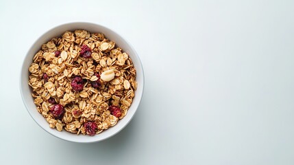 Bowl of granola with dried fruits on light surface