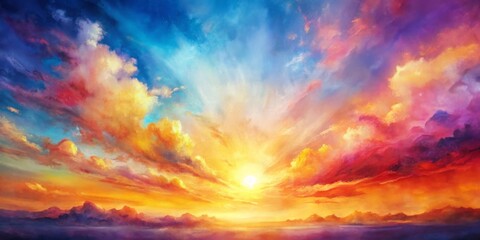 Obraz premium A Painting of a Colorful Sunset Over Mountains, Oil on Canvas, Depicting a Dramatic and Vivid Sunset with a Sun Shining Through Clouds, Sunset, Painting, Clouds