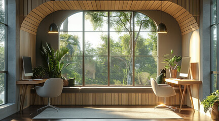 Fototapeta premium Home office space with a unique design concept. Windows allowing natural light to enhance the office space. Generative AI.