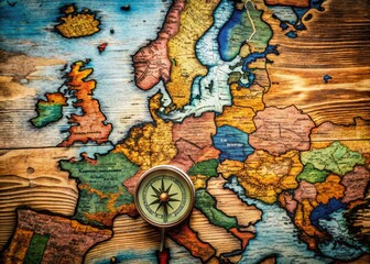 A colorful, detailed, and annotated map of Europe, featuring country borders, cities, and geographical features, displayed on a vintage-themed wooden desk with a compass nearby.