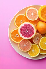 Fototapeta premium Sliced citrus fruits on pink background