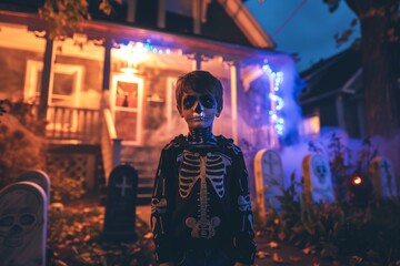 Obraz premium Young Boy in Skeleton Costume Standing by Haunted House with Spooky Decorations and Fog for Halloween
