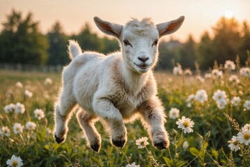 little funny baby goat jumping in the field with flowers