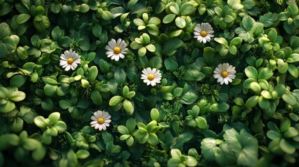 Close-Up of Green Foliage with White Daisies – Generative AI