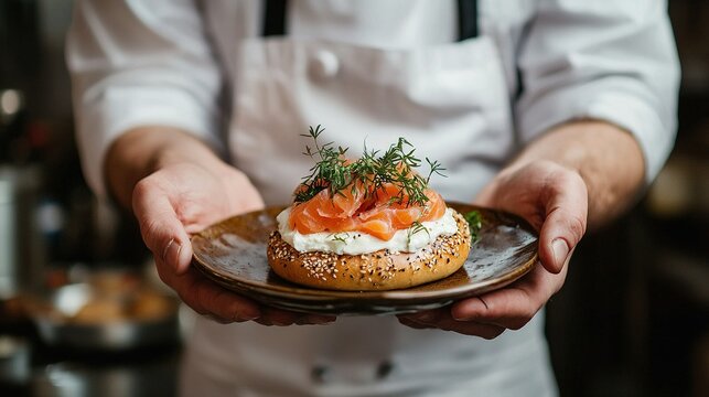   A close-up of a person holding a plate with a cream cheese-covered bagel and smoked salmon