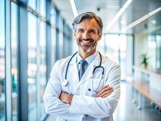 A confident and compassionate medical professional in a crisp white coat stands with a stethoscope around their neck, smiling gently in a modern clinic setting.