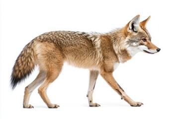 Fototapeta premium golden jackal moves with grace, its elegant frame highlighted by the contrasting white background. Its coat glistens, emphasizing sharp features as it walks.