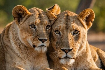 Fototapeta premium lioness mother with young cub snuggling in to her