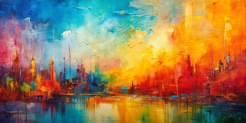 Obraz premium Abstract Cityscape A Vibrant Oil Painting on Canvas, Urban, Modern, Cityscape
