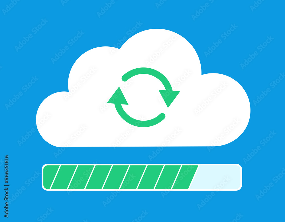 Poster flat design illustration. a cloud with an upload icon and a counter. the counter is green and almost