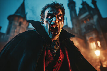 Vampire with Fangs and Cape Standing in Front of a Dark Castle