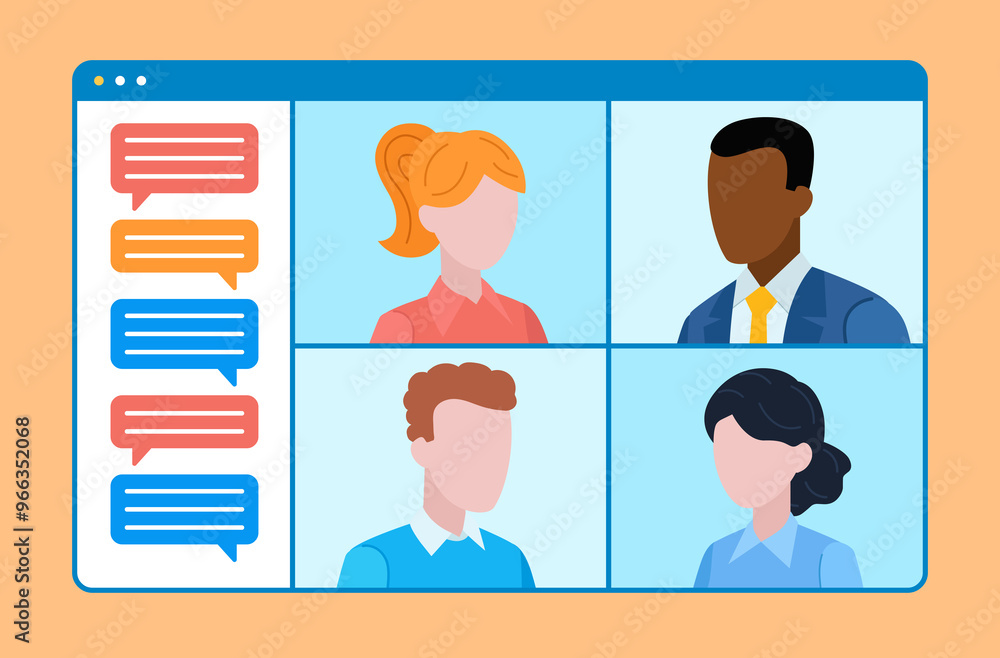 Poster flat design illustration. video chat work team conversation with text chat. four employees talk on a