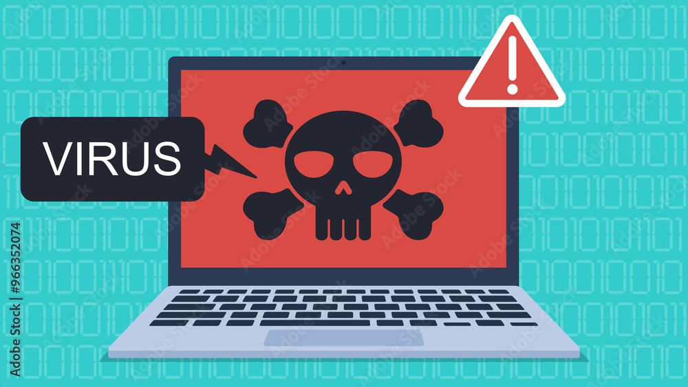 Poster flat design illustration. laptop infected with a virus. the screen displays a skull with the informa