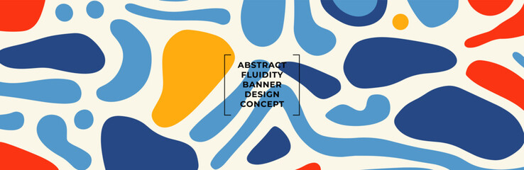 Minimalist abstract doodle horizontal banner with geometric shapes and lines in simple primitive style perfect for modern design projects, creative backgrounds. Emphasis on fluidity composition. Eps