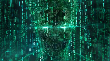 A digital ai robot head made of green binary code, with glowing eyes and mouth in the center, cybernetic life or artificial intelligence
