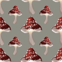 Pattern of vibrant red mushrooms with white speckles on a gray background