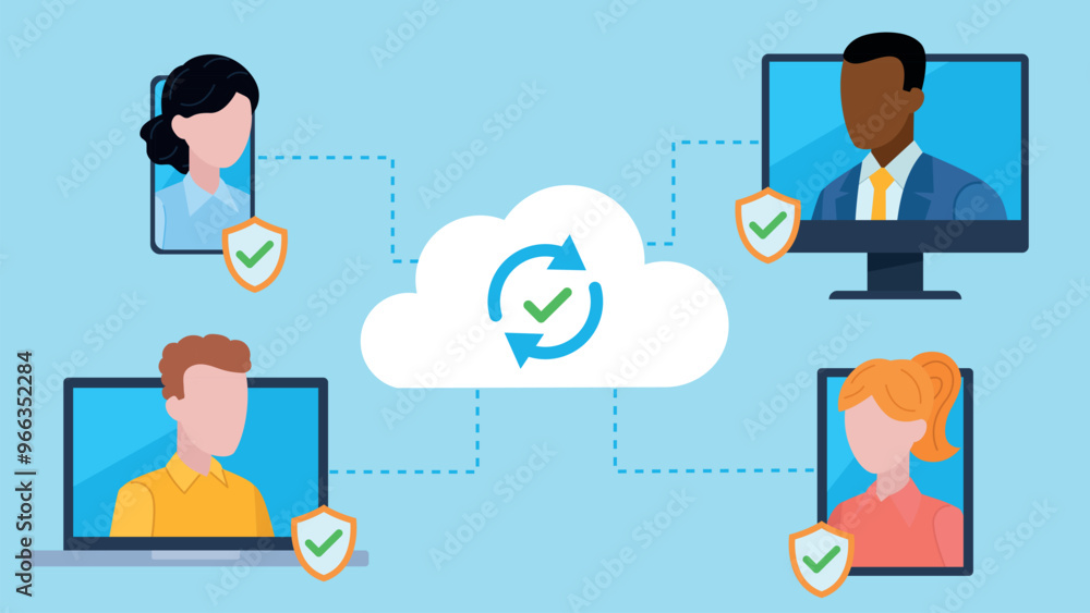 Poster team communication via cloud connection. the connection is secured with antivirus protection. charac