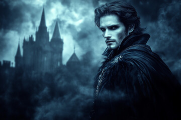 Vampire with Fangs and Cape Standing in Front of a Dark Castle