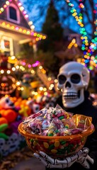 Halloween Festivities with Candy Bowl and Skeleton Costume for Spooky Celebrations
