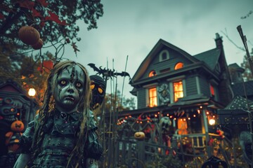 Child Dressed as a Zombie in Front of Spooky Halloween House with Animated Decorations at Night