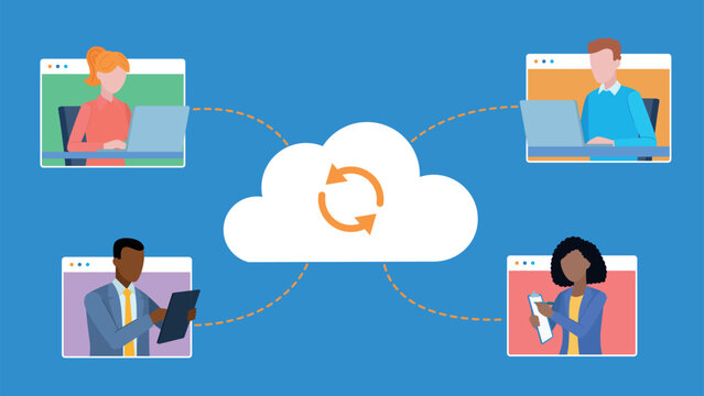 Team communication via cloud connection. Employees connect via the app. They work on a laptop, tablet or take notes in a notebook. Flat design vector.