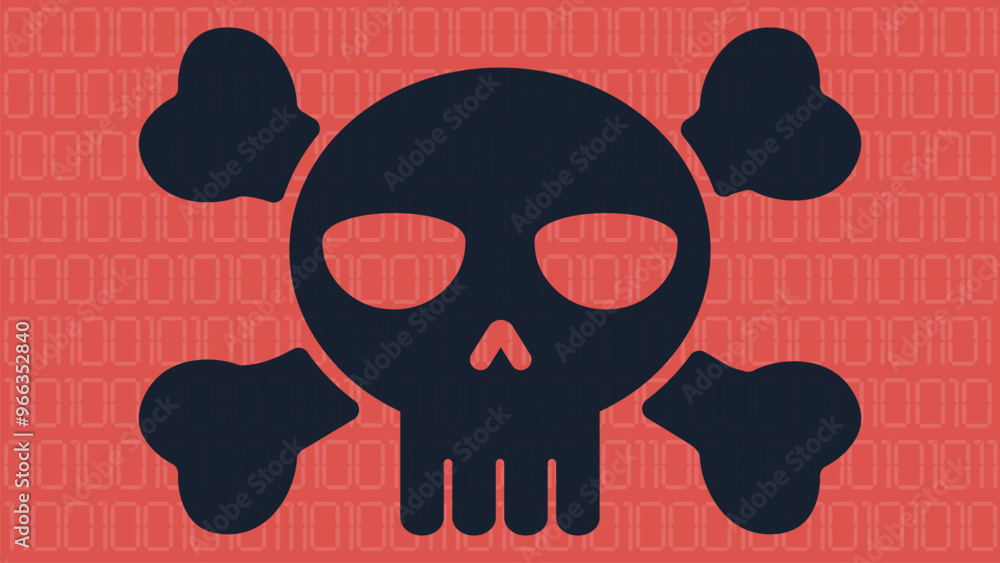 Poster a black virus skull with a zero-one code behind it in the background. virus script. flat design vect