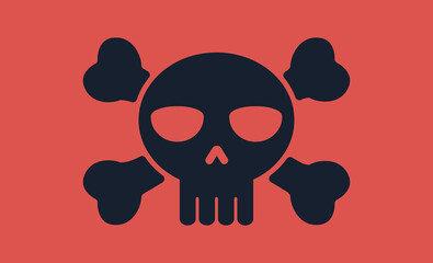 Black skull on red background. Pirate or virus skull icon. Flat design vector