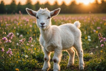 little funny baby goat playing in the field with flowers
