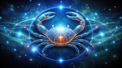 A delicate, glowing crab symbol on a binary starry night sky represents the Cancer zodiac sign, conveying hope and resilience in the face of adversity.