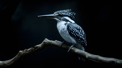 Obraz premium Pied Kingfisher Bird Sitting on a Branch with Black Background, Realistic Photo, Wallpaper, Cover and Screen for Smartphone, PC, Laptop, 9:16 and 16:9 Format