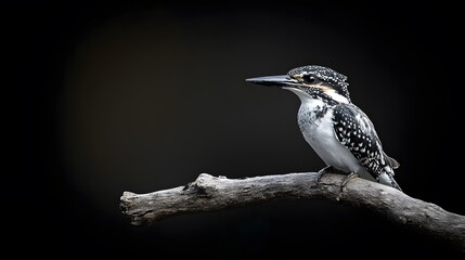 Obraz premium Pied Kingfisher Bird Sitting on a Branch with Black Background, Realistic Photo, Wallpaper, Cover and Screen for Smartphone, PC, Laptop, 9:16 and 16:9 Format