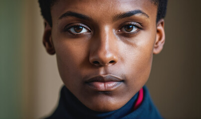 Fototapeta premium A woman looks directly at the camera with a serious expression