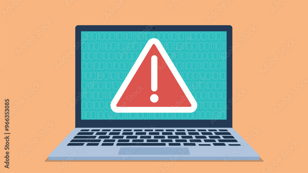 Poster exclamation mark on laptop screen. behind the exclamation mark is displayed zero-one code. virus att