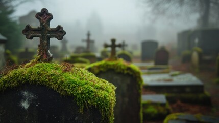 Fototapeta premium A misty graveyard with moss-covered tombstones and crosses, evoking a somber atmosphere.