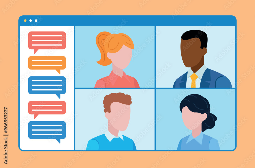 Poster video chat work team conversation with text chat. four employees talk on a video call in a web appli
