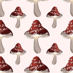 Colorful mushroom pattern featuring red caps and white stems against a soft background