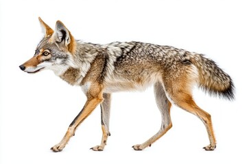 Naklejka premium jackal strides purposefully, its lithe body displaying agility and beauty. The contrast of its fur against the bright backdrop highlights its graceful movement.
