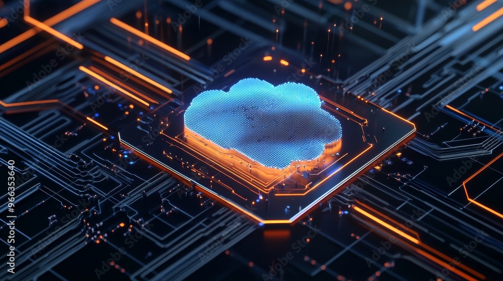 Poster a 3d illustration depicting a cloud icon embedded within a futuristic digital grid, symbolizing the 