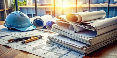 A dense bundle of freshly printed construction manuals and blueprints lie open on a cluttered engineer's desk, highlighting infrastructure development guidelines and standards.