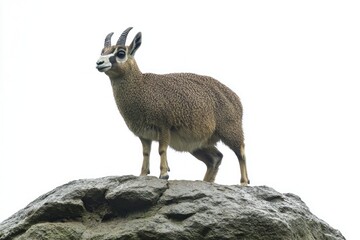 Naklejka premium klipspringer stands confidently on a rock, its small frame and short horns highlighted against a clean white background, embodying the beauty of this agile antelope.