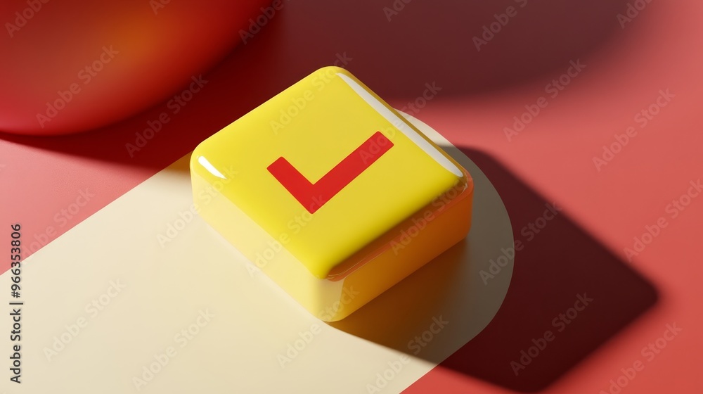 Poster a 3d image of a yellow square with a red checkmark in the center. the checkmark symbolizes approval,