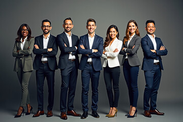 Diverse business professionals standing together smiling confidently