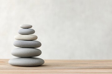A balanced stack of smooth gray stones on a wooden surface, symbolizing stability, balance, mindfulness, zen, and peace.
