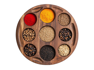 a wooden plate with different spices - Powered by Adobe