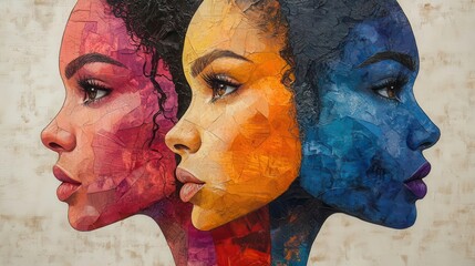 empowered diverse women portrait collage bold colors mixed media style celebrating femininity and strength inclusive beauty