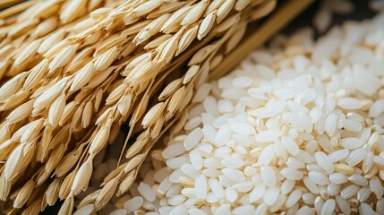   A rice pile sits atop another rice pile, with stalks nearby, on a table
