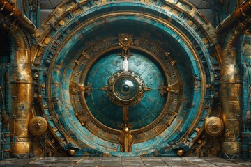 Obraz premium A large, circular, futuristic door with a gold frame and intricate details.