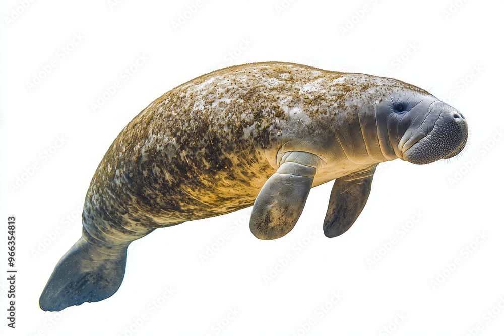 Poster manatee swims forward, showcasing its distinct gentle curves and paddle-like tail. this serene aquat